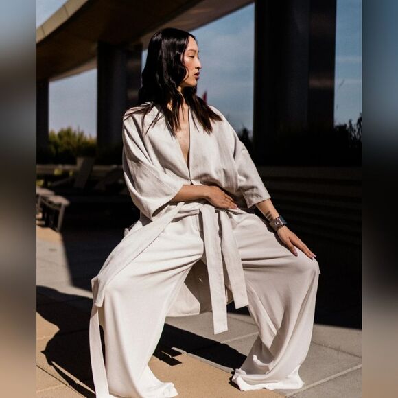 SCHAI Overcoat Linen Cotton Neutral Minimalist Lagenlook Oatmeal Oversized Small - Picture 2 of 16